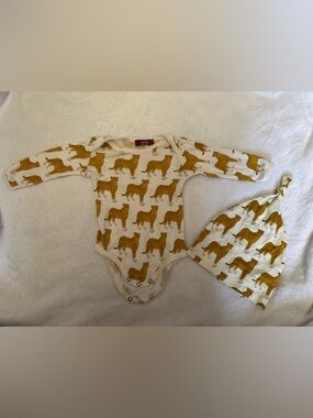 Milkbarn White One-Piece with Mustard Leopard Print and Matching Hat
